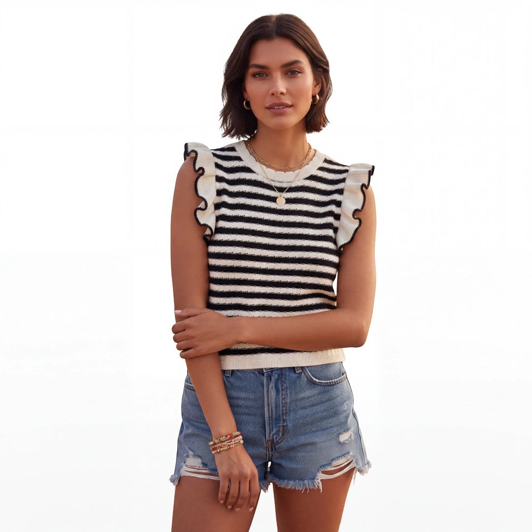 Black and White Striped Knit Top with Ruffle Sleeves