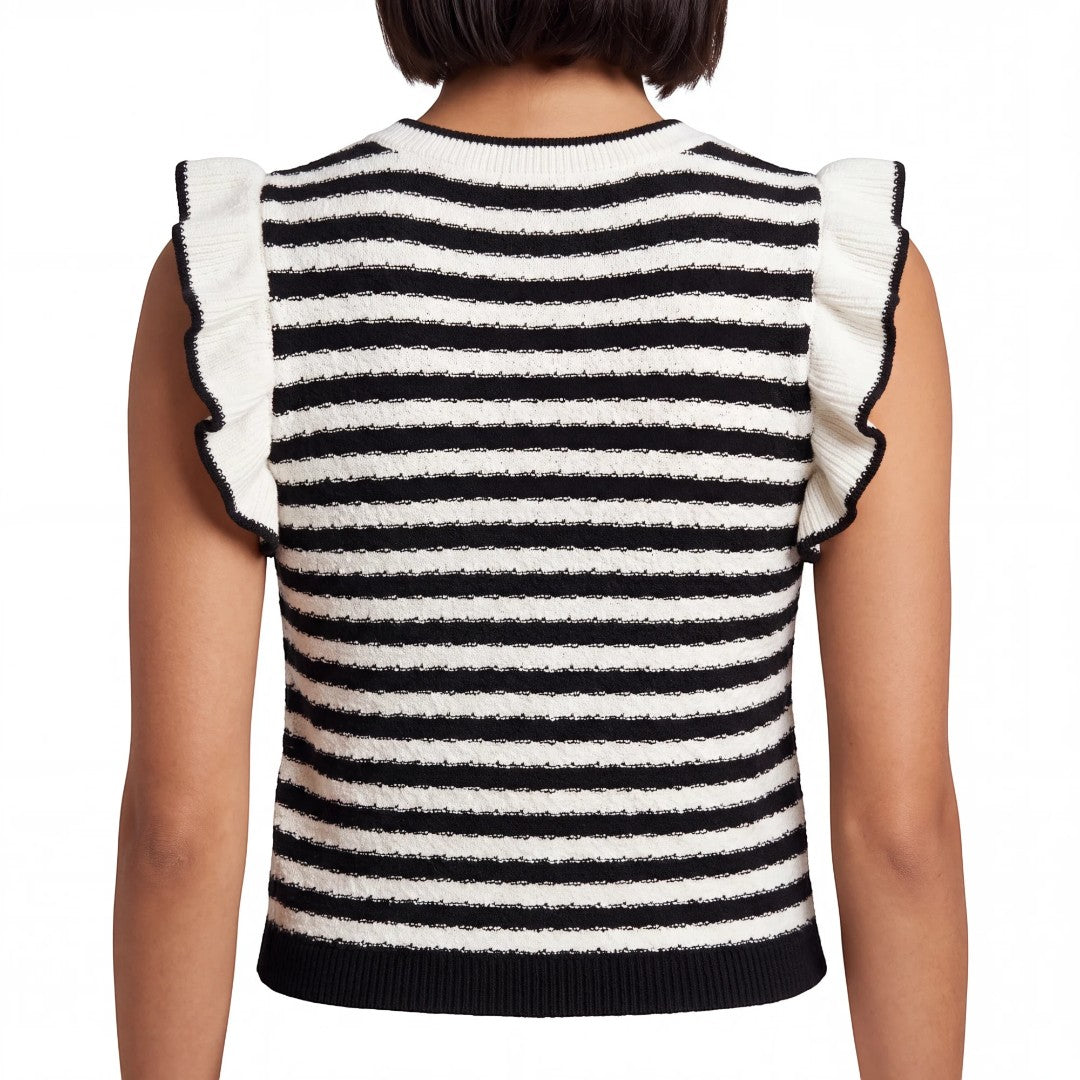 Black and White Striped Knit Top with Ruffle Sleeves