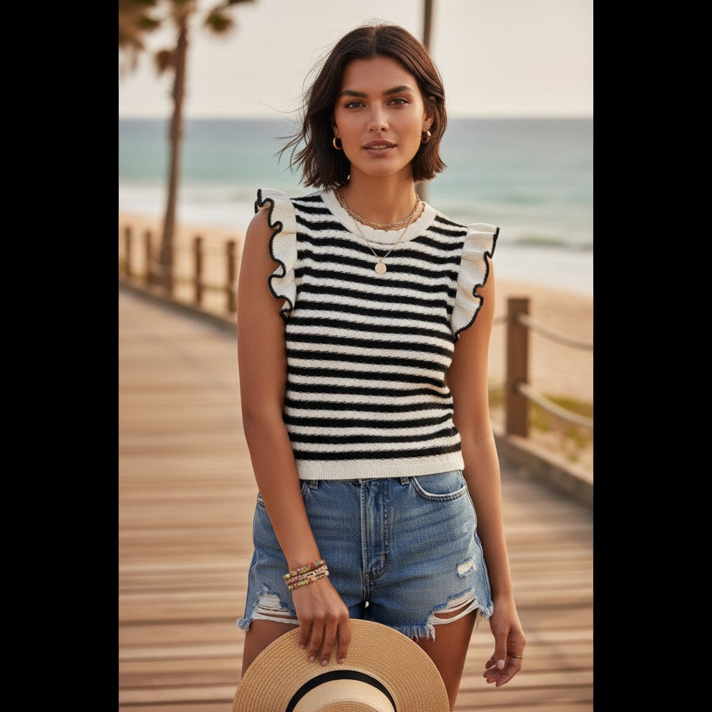 Black and White Striped Knit Top with Ruffle Sleeves