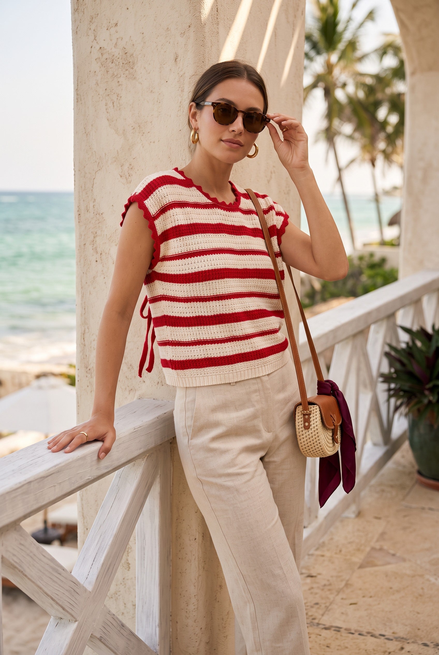 Cream Striped Short Sleeve Sweater with Ruffle Trim