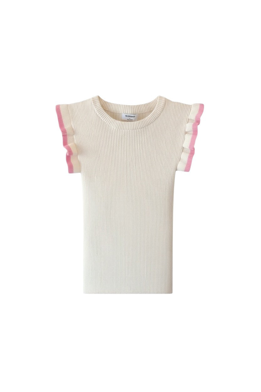 White Ribbed Short Sleeve Top with Pink Ruffles