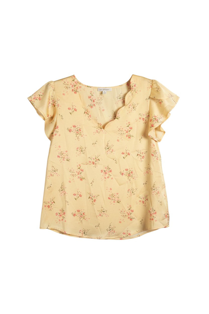 Yellow Flutter Sleeve V-Neck Top with Floral Print