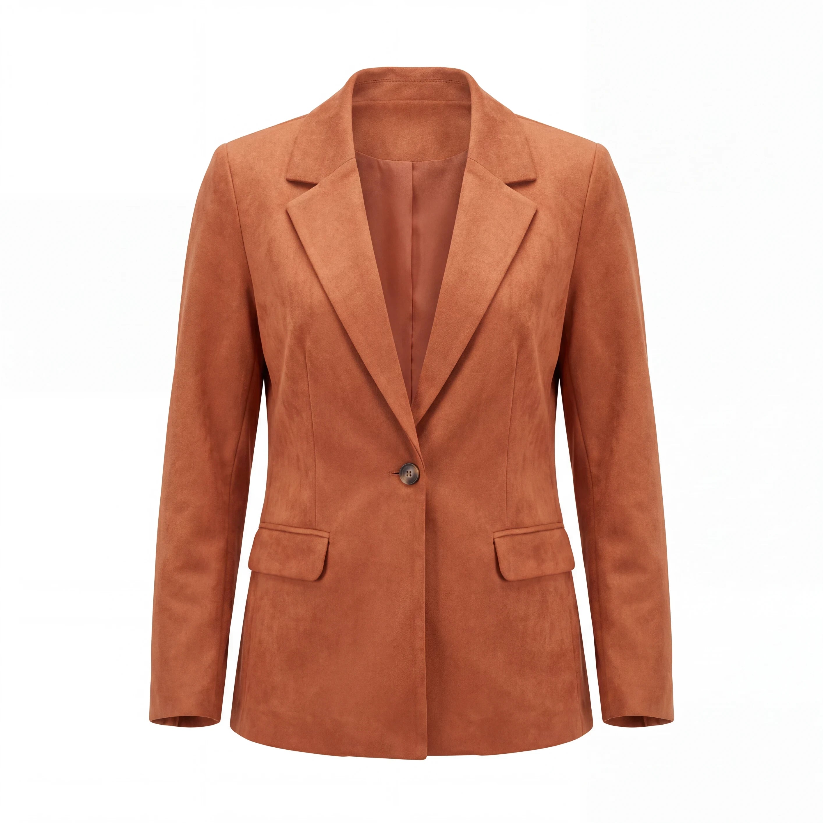 Blazer Yanet Collective de lino naranja con solapa clásica, cierre de botón frontal y bolsillos funcionales.
