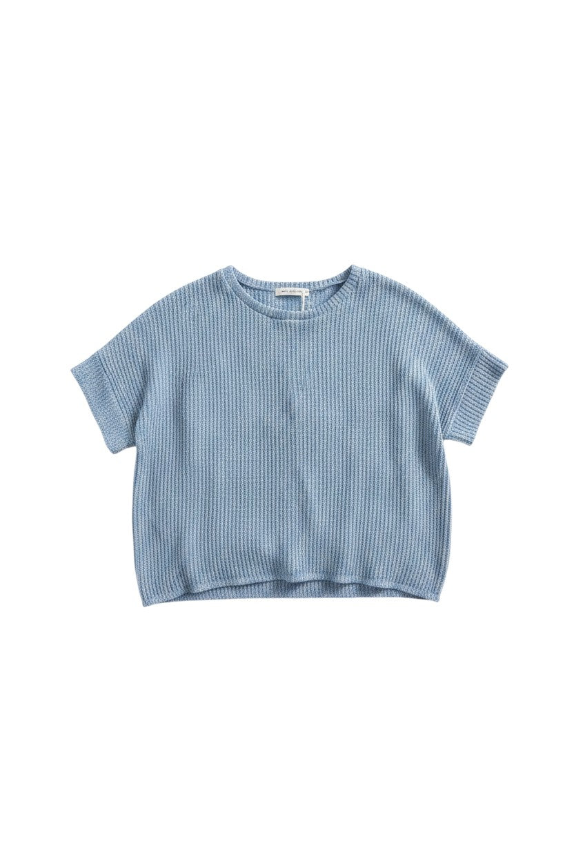 Yanet Collective blue short-sleeve knit blouse with a textured waffle pattern and a relaxed crew neck fit.