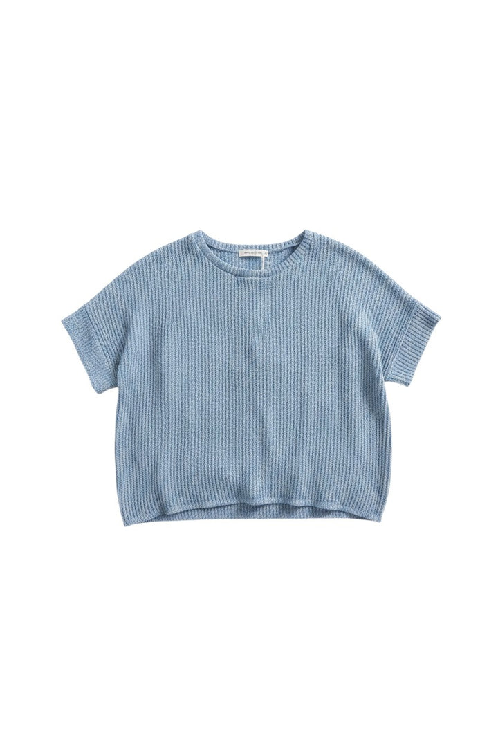 Yanet Collective blue short-sleeve knit blouse with a textured waffle pattern and a relaxed crew neck fit.