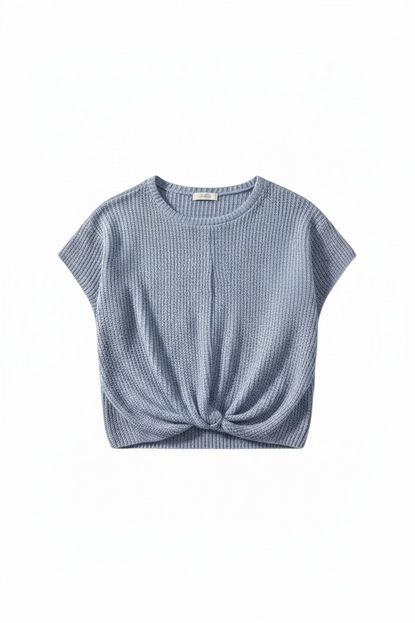 Yanet Collective blue ribbed knit short-sleeve blouse with a front knot detail