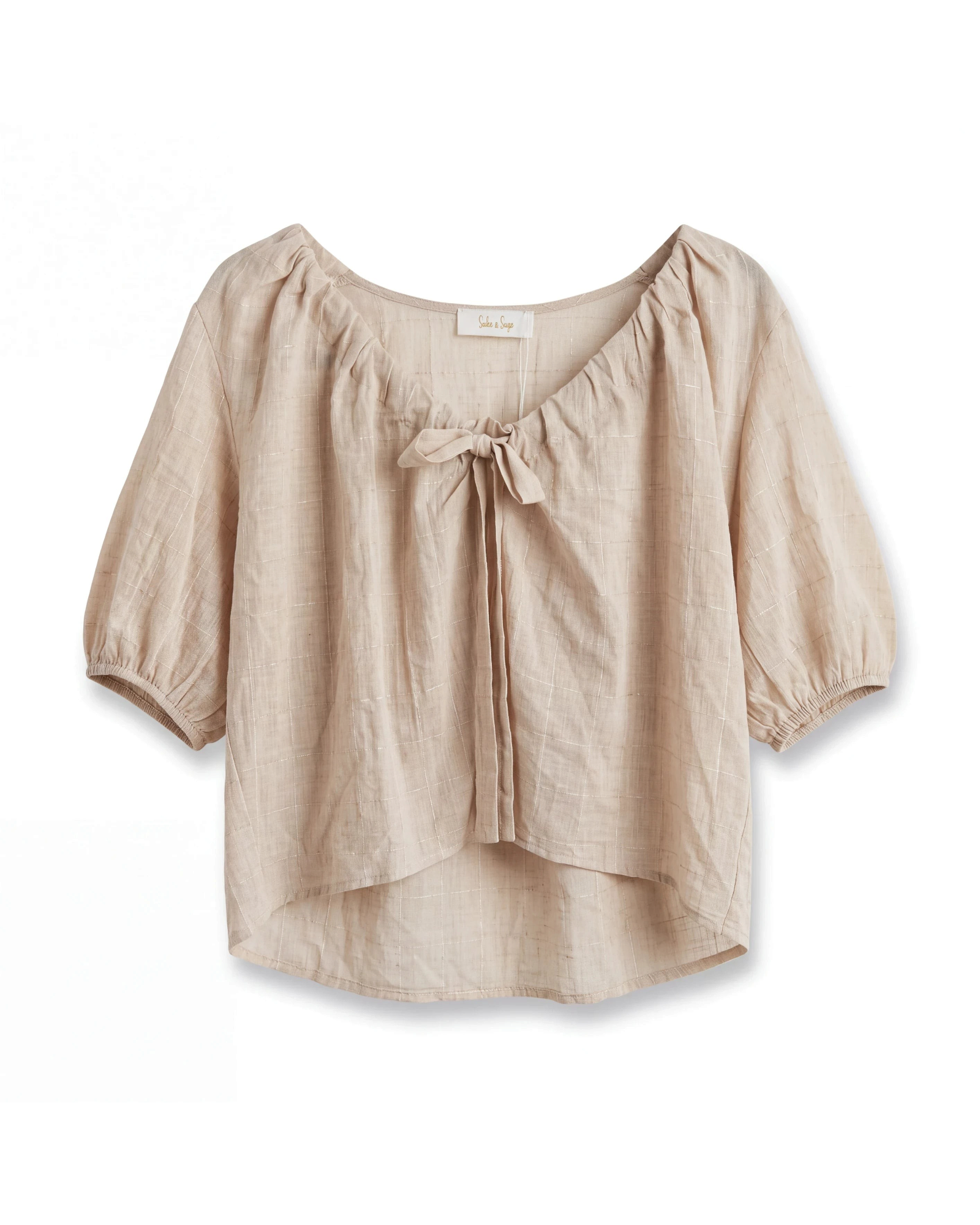 Blusa Yanet Collective beige de manga corta con cuello fruncido y detalle de lazo en tejido ligero y suave