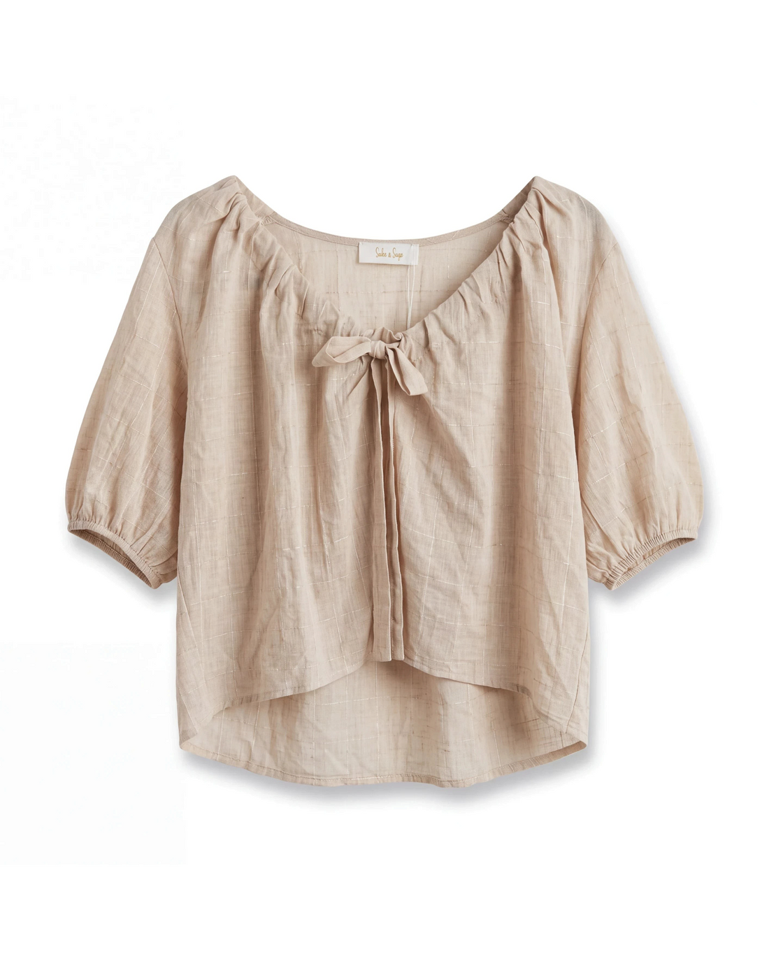 Blusa Yanet Collective beige de manga corta con cuello fruncido y detalle de lazo en tejido ligero y suave