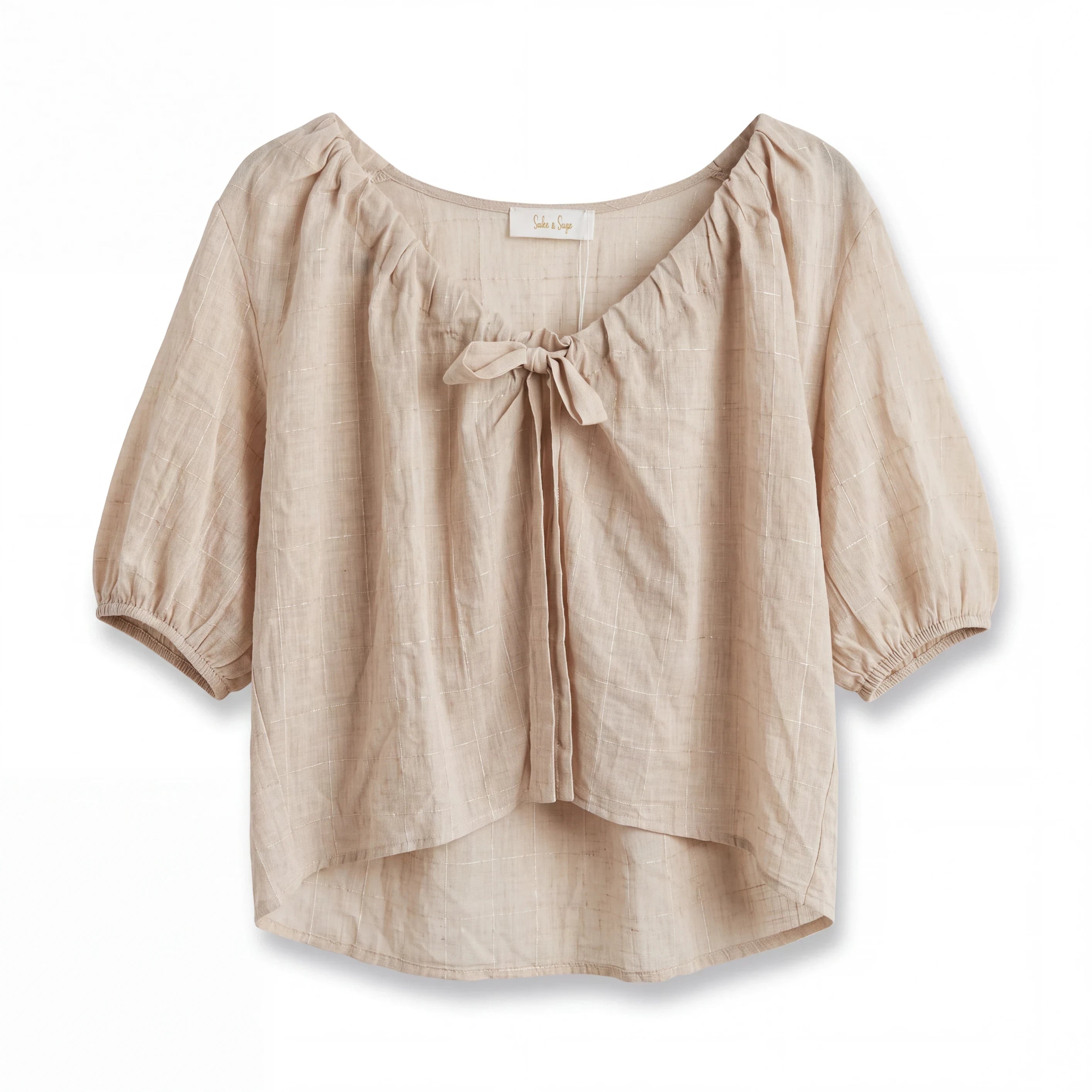 Blusa Yanet Collective beige de manga corta con cuello fruncido y detalle de lazo en tejido ligero y suave