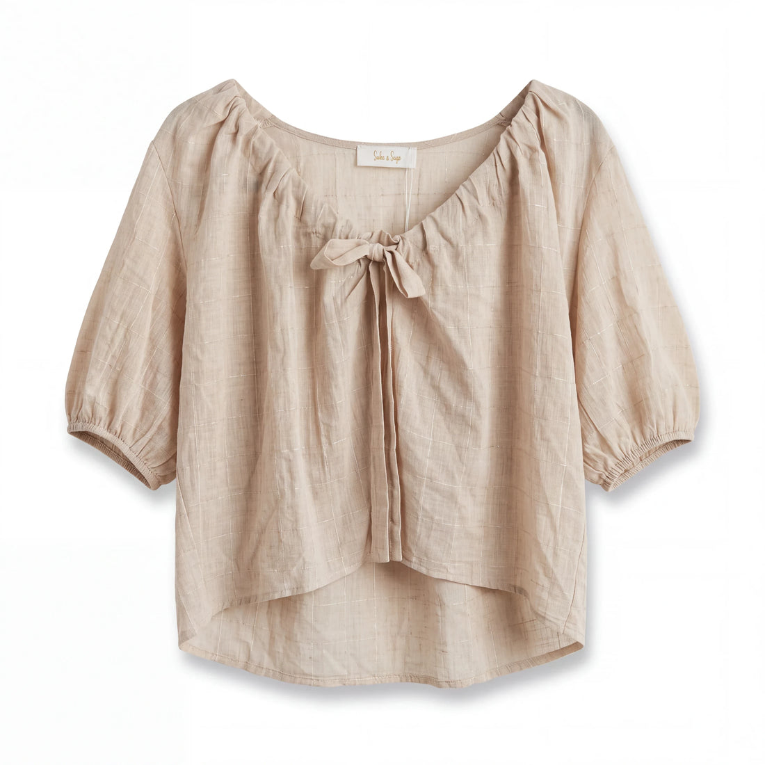 Blusa Yanet Collective beige de manga corta con cuello fruncido y detalle de lazo en tejido ligero y suave