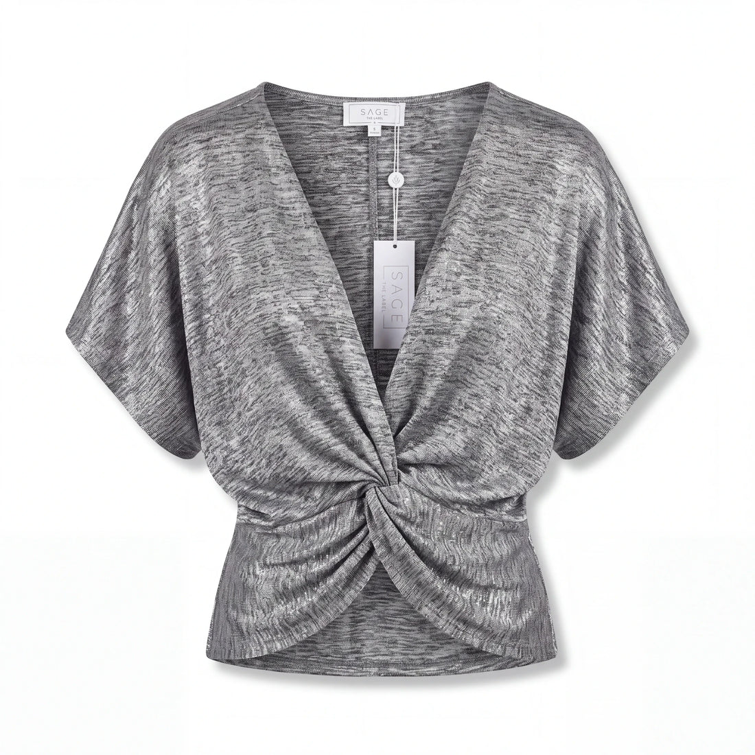 Blusa gris Yanet Collective de manga corta con escote en V y detalle de nudo frontal en tejido suave texturizado