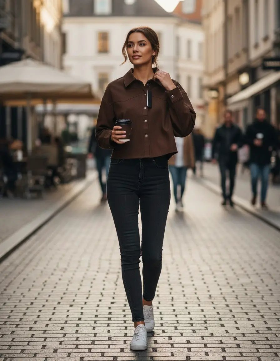 Jacket Mujer Café Suede con Botones Dorados y Bolsillos | Chamarra Ligera Boho Casual Tendencia by Yanet Collective