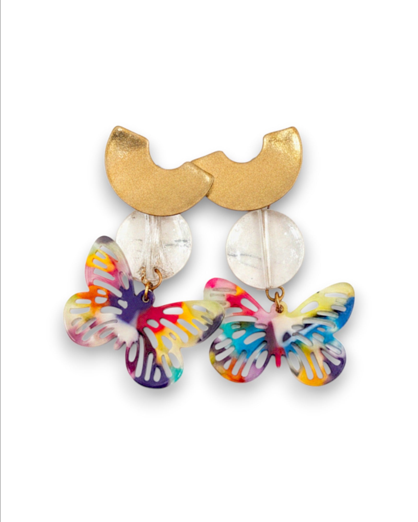 Aretes Mariposa Multicolor con Charm Dorado y Dije Transparente | Joyería Artesanal Bohemia Mujer by Yanet Collective
