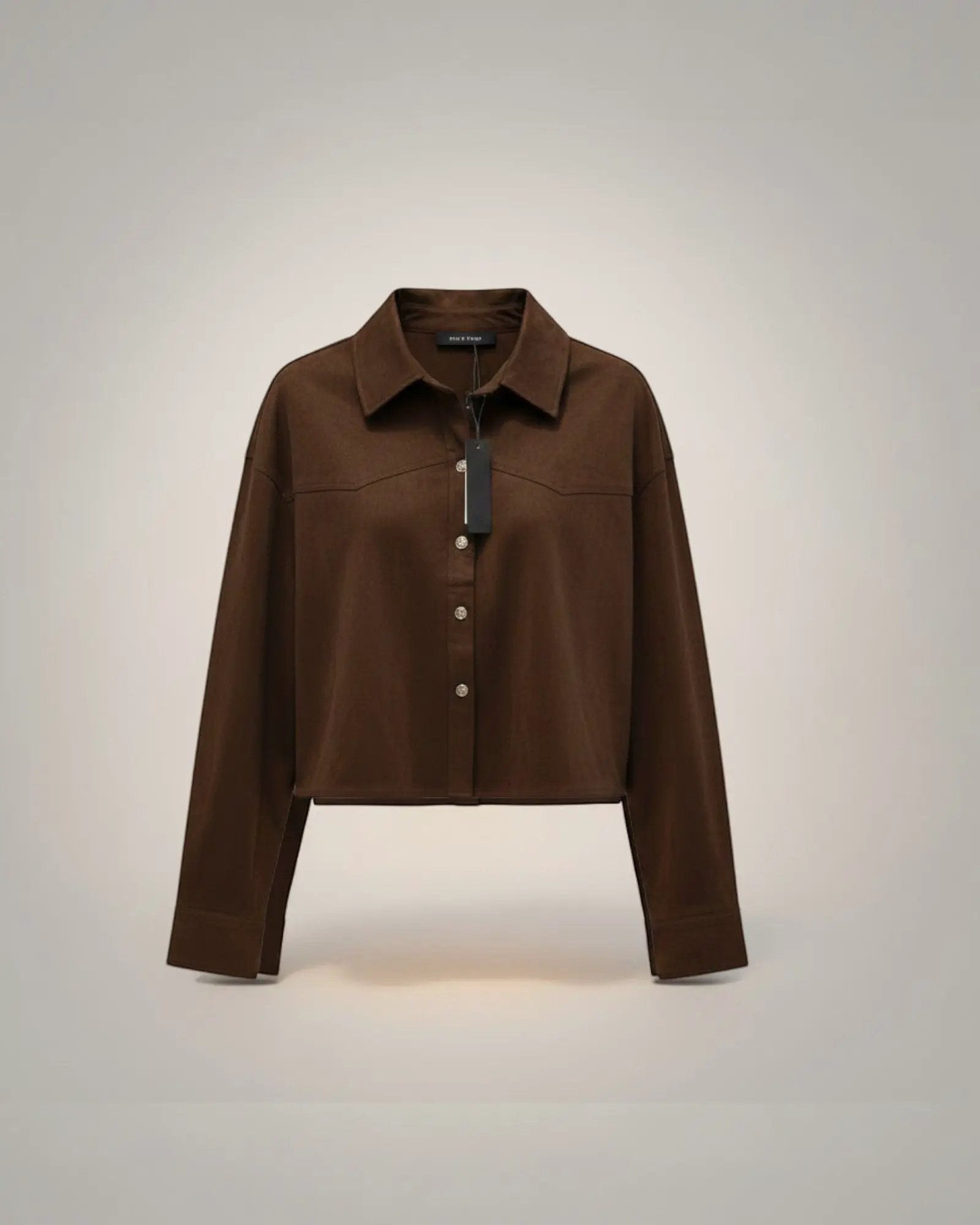 Jacket Mujer Café Suede con Botones Dorados y Bolsillos | Chamarra Ligera Boho Casual Tendencia by Yanet Collective