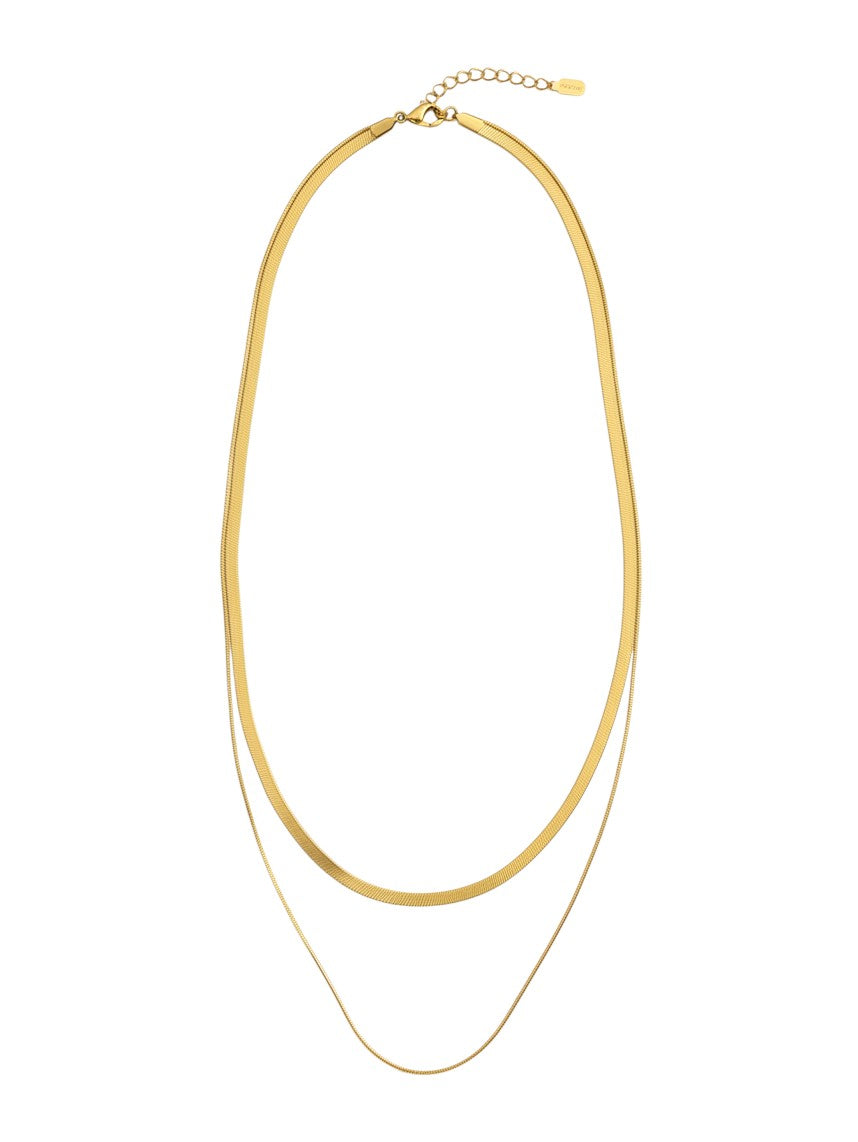 Yanet Collective gold-toned double-layered herringbone chain necklace with a delicate snake chain