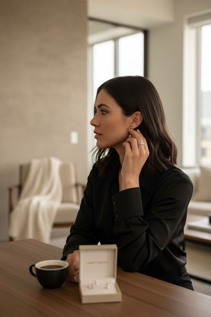 A woman wearing Yanet Collective gold drop earrings with a subtle sparkle, sitting at a table with a coffee cup.