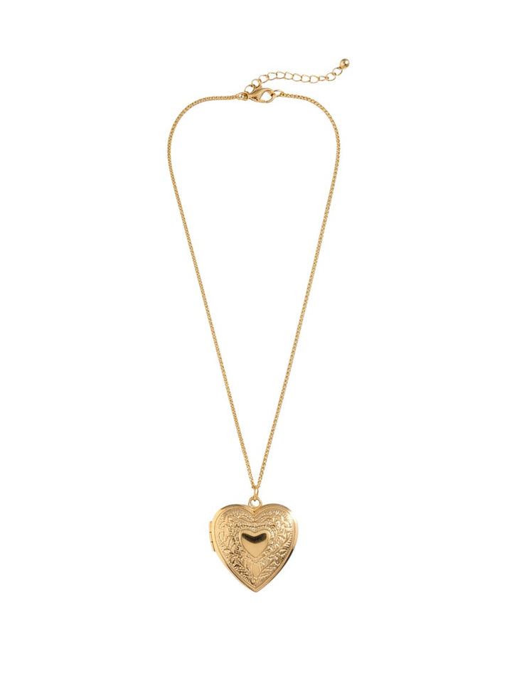 Yanet Collective gold heart locket necklace with intricate floral engraving on a delicate chain
