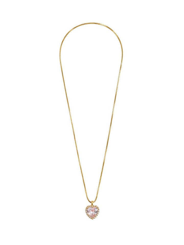 Yanet Collective gold box chain necklace featuring a delicate heart-shaped pendant with a sparkling pink stone.