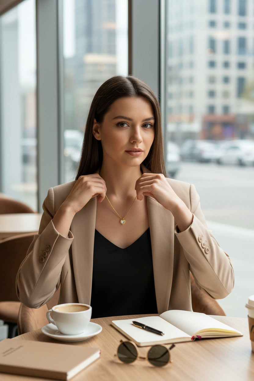 Yanet Collective gold heart pendant necklace worn by a woman in a beige blazer at a cafe table.