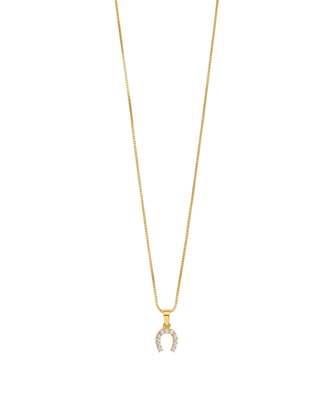 Yanet Collective gold horseshoe pendant necklace with sparkling cubic zirconia stones on a delicate box chain