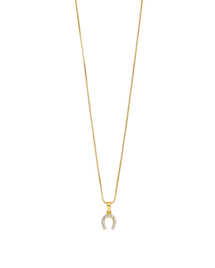Yanet Collective gold horseshoe pendant necklace with sparkling cubic zirconia stones on a delicate box chain