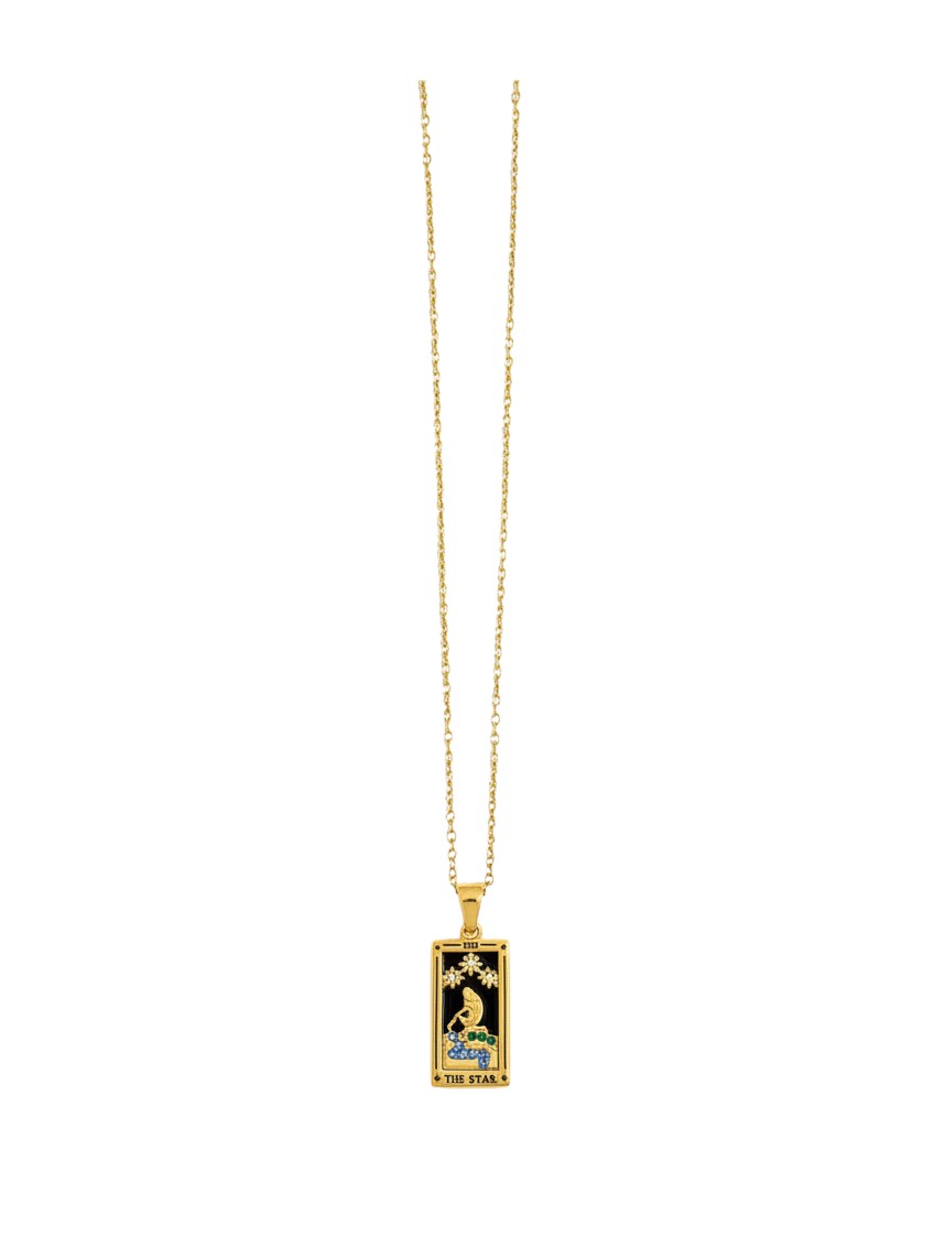 Yanet Collective gold chain necklace featuring a rectangular tarot card pendant titled The Star with black enamel.