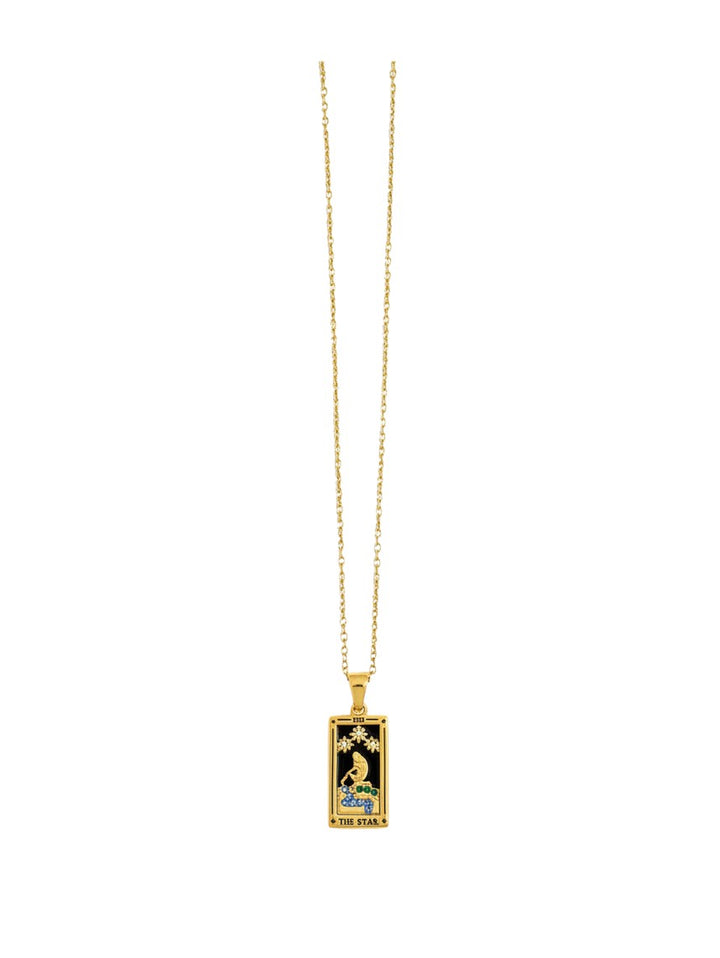 Yanet Collective gold chain necklace featuring a rectangular tarot card pendant titled The Star with black enamel.