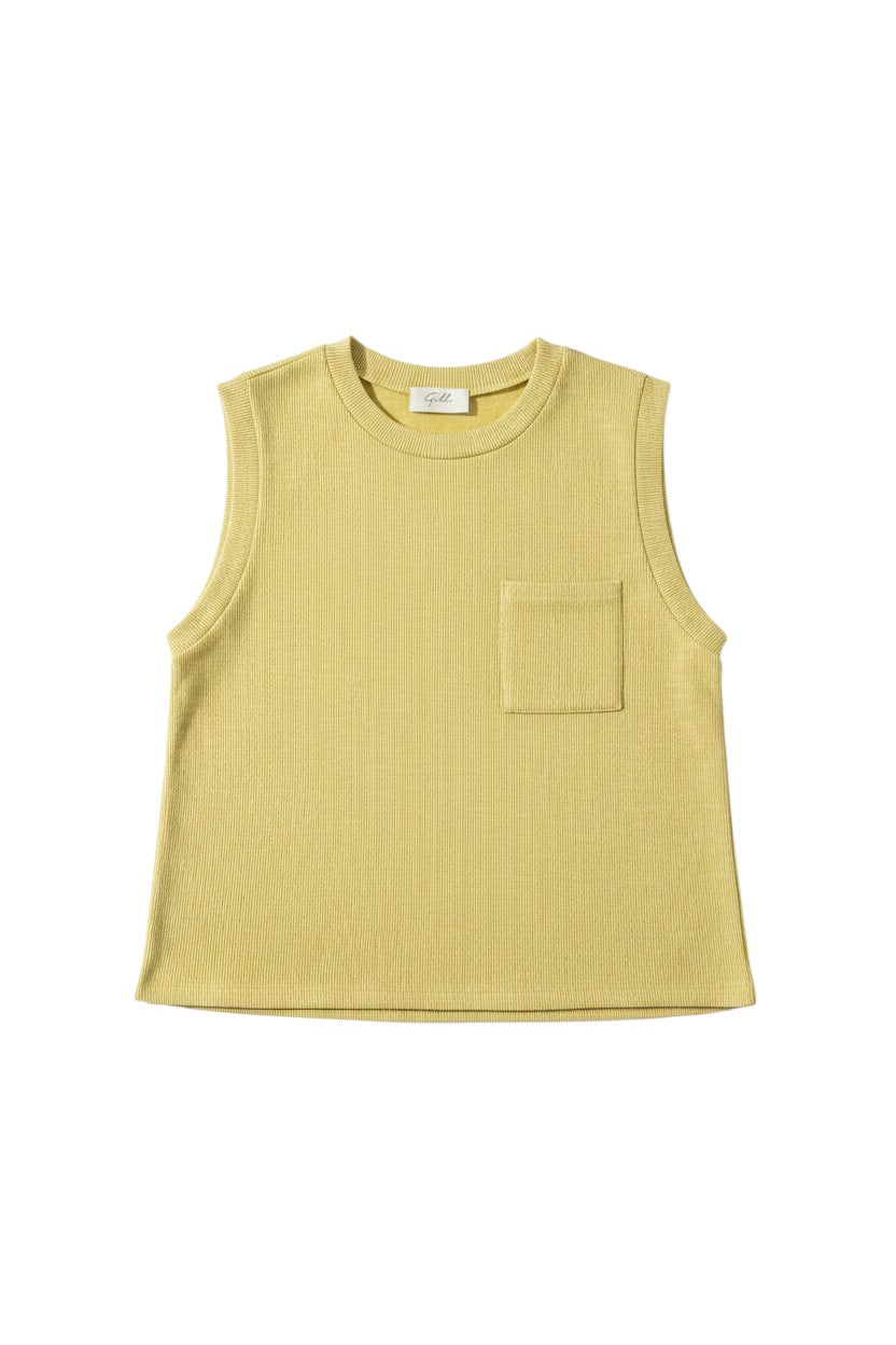 Yanet Collective sleeveless green ribbed knit tank top with a single chest pocket