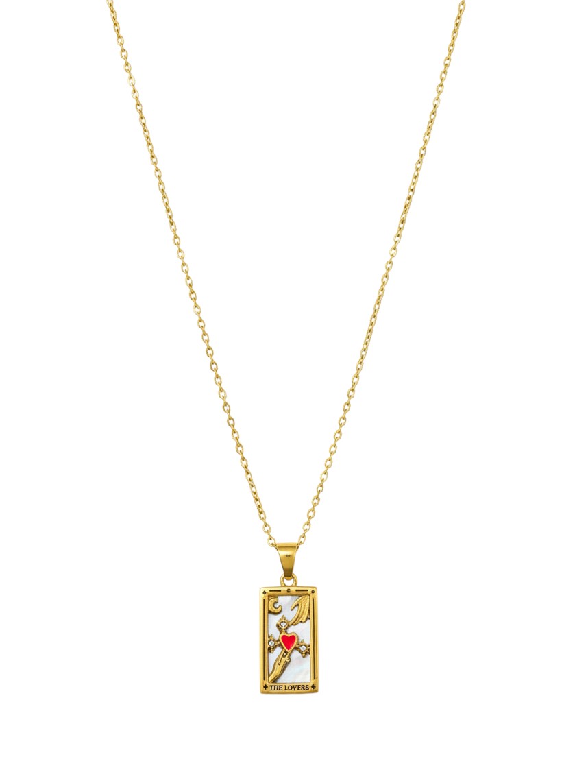 Yanet Collective The Lovers tarot card pendant necklace in gold with a mother of pearl inlay and red heart detail.