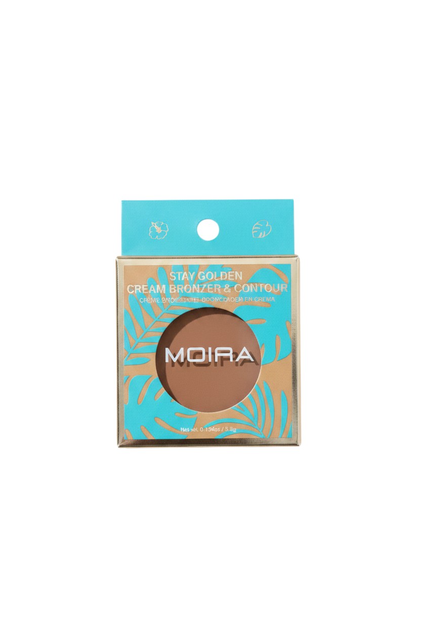 Yanet Collective MOIRA Stay Golden cream bronzer and contour compact in a tropical-themed blue and gold box