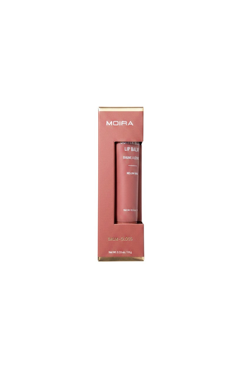 Yanet Collective MOIRA butter gloss lip balm in a dusty rose tube inside its matching pink cardboard packaging.