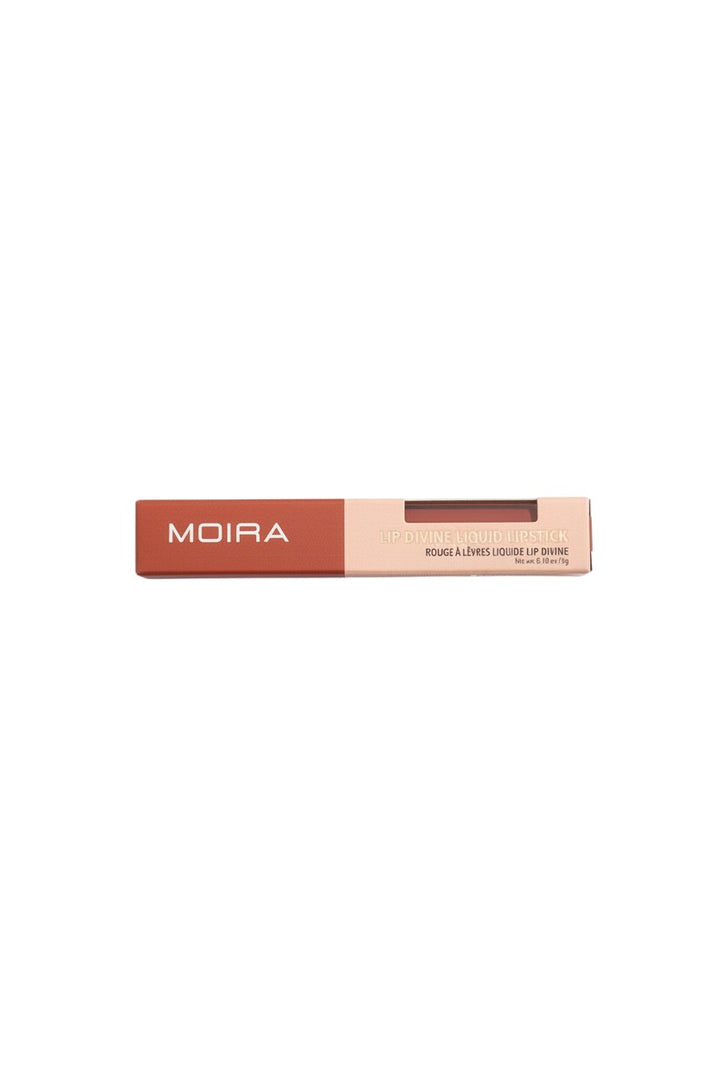 Yanet Collective MOIRA Lip Divine liquid lipstick in a rectangular box with a terracotta and beige color scheme.
