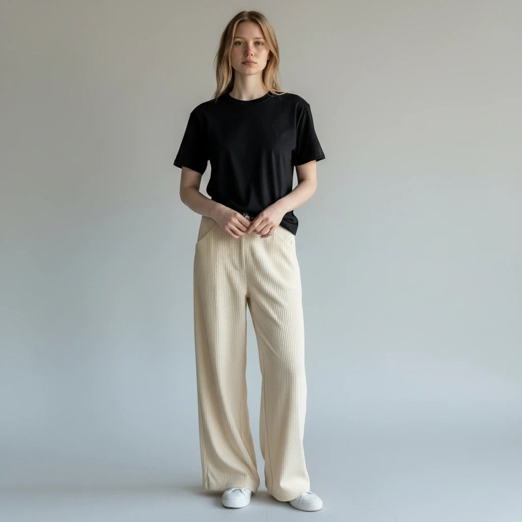 Modelo vistiendo pantalones Yanet Collective beige de pierna ancha con textura y camiseta negra básica