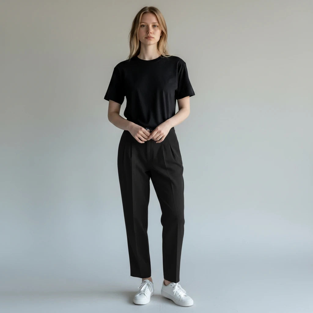 Modelo vistiendo pantalones negros plisados de Yanet Collective con camiseta negra y zapatillas blancas