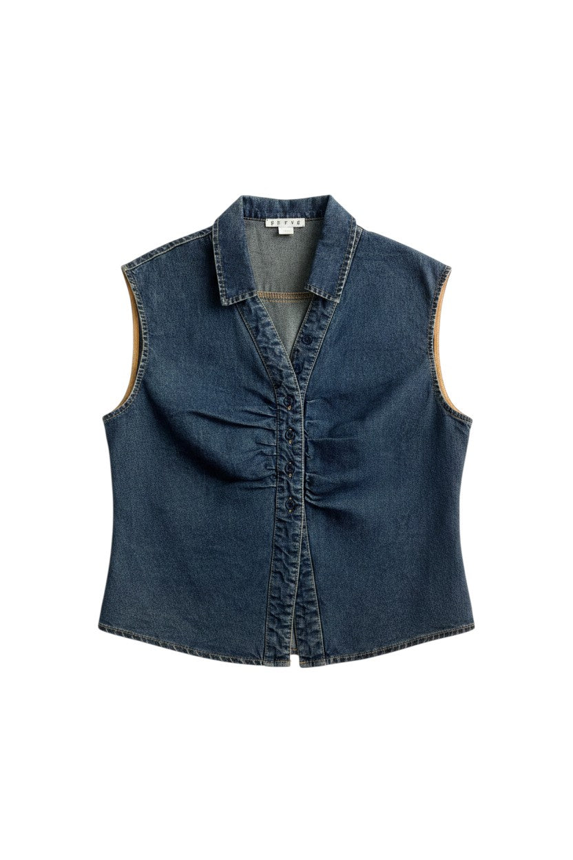 Yanet Collective sleeveless denim blouse with a V-neck, button-down front, and gathered waist detail.