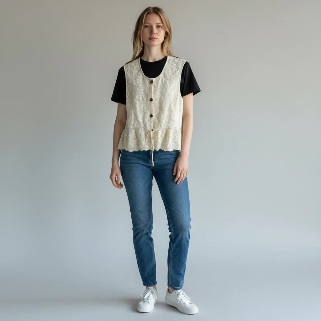 Modelo vistiendo top peplum crema Yanet Collective con botones frontales, textura delicada y lazo ajustable