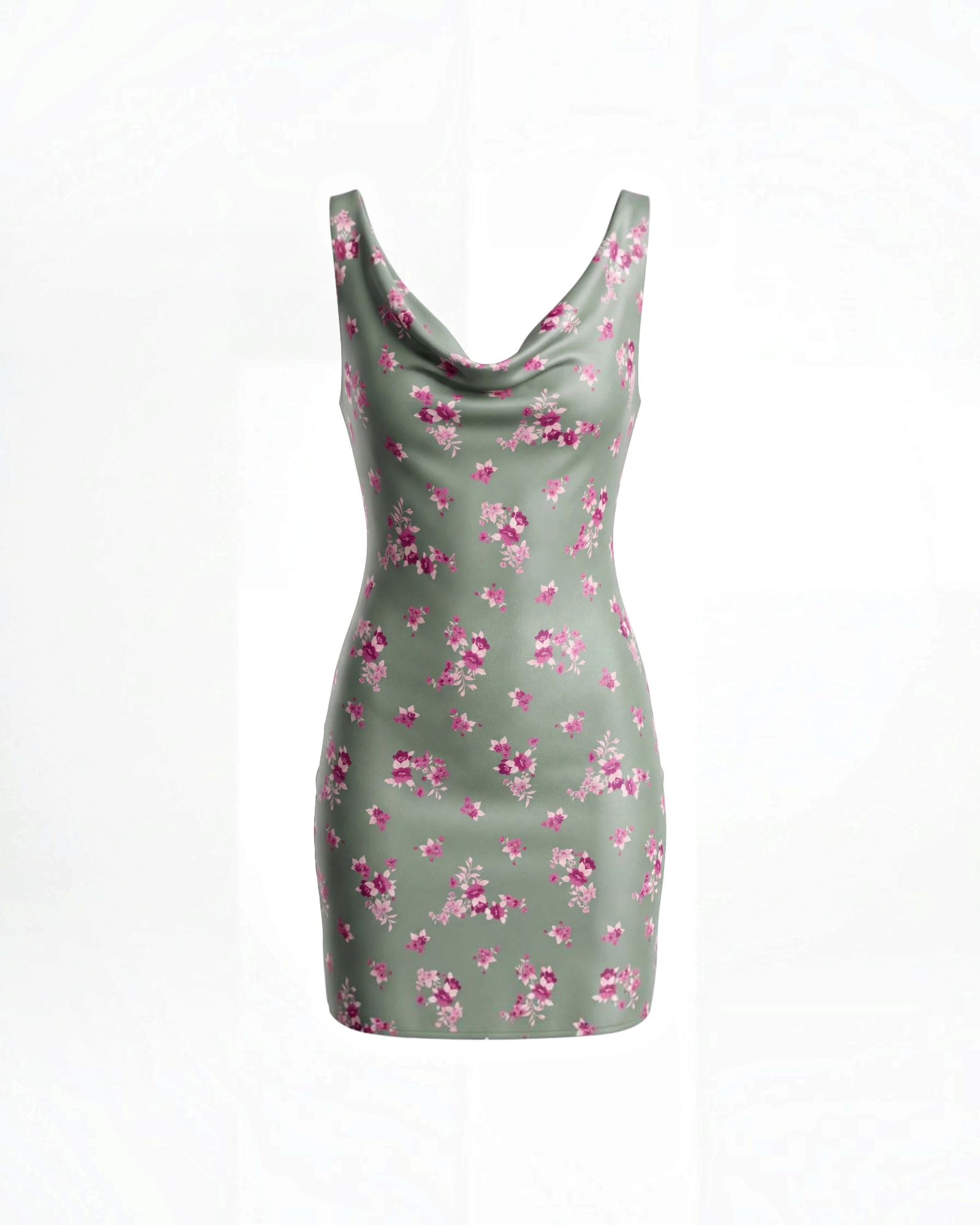 Vestido mini Yanet Collective verde con estampado floral, escote drapeado tipo cowl y silueta ajustada sin mangas