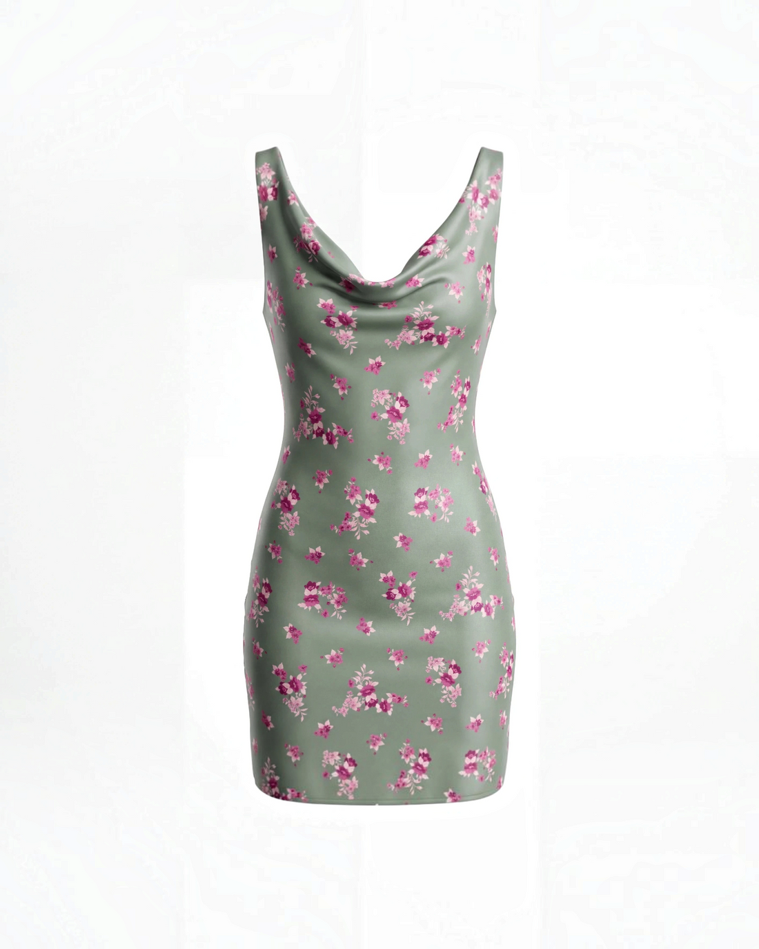 Vestido mini Yanet Collective verde con estampado floral, escote drapeado tipo cowl y silueta ajustada sin mangas